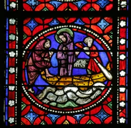 Vitrail représentant Scène de la Vie de Saint Bonnet : Saint en Route pour Rome et Aventures attendant son Compagnon